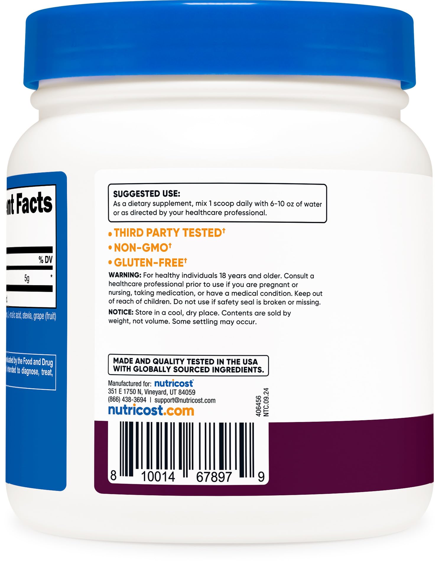 Nutricost L-Glutamine powder glass jar for easy storage and shakes