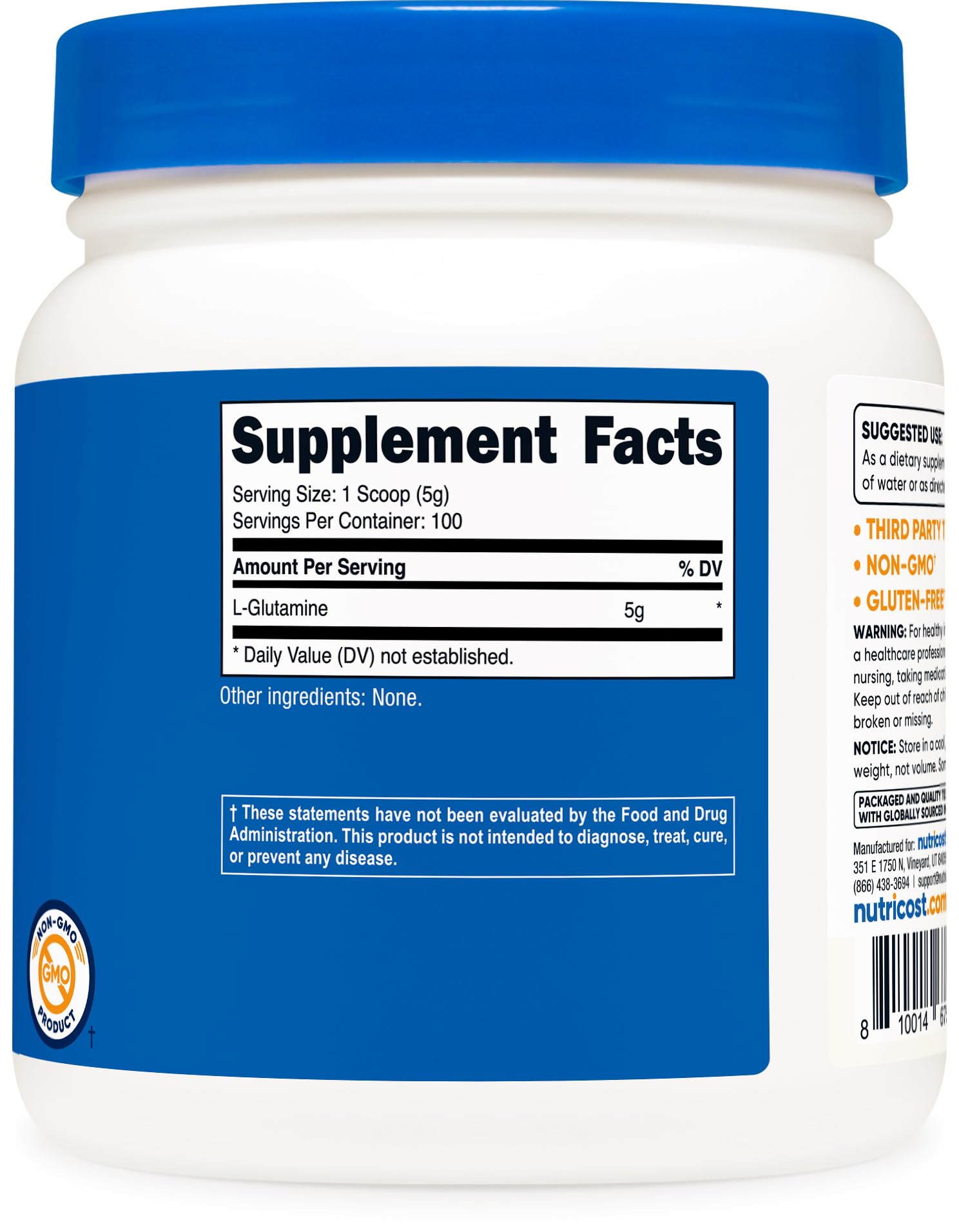 Nutricost L-Glutamine powder in a shaker for versatile beverages