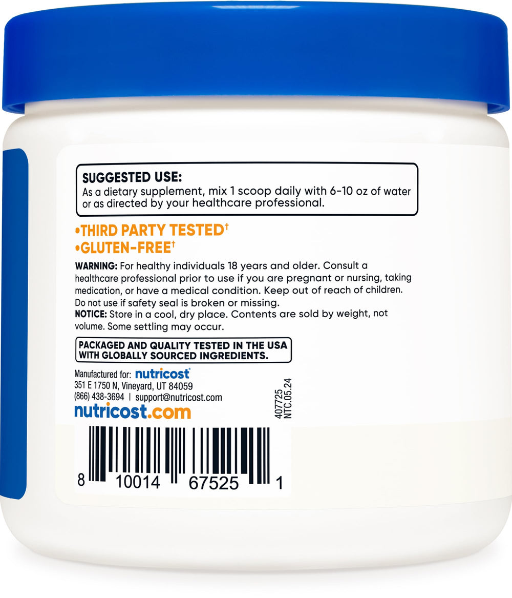 Nutricost L-Glutamine Powder ingredient panel, clear, no artificial flavors