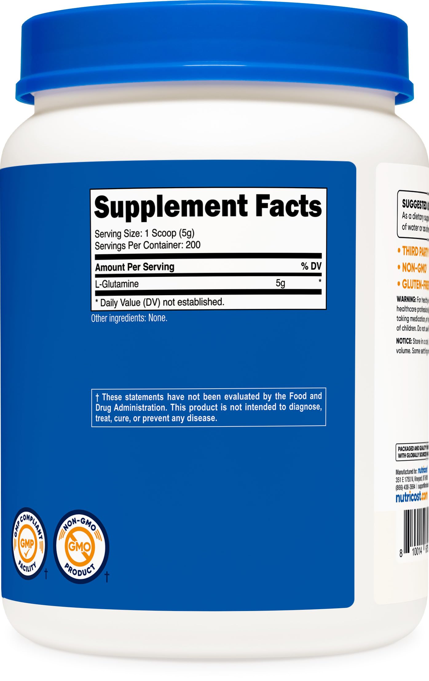 Nutricost L-Glutamine powder label indicating gluten-free and vegan-friendly ingredients.
