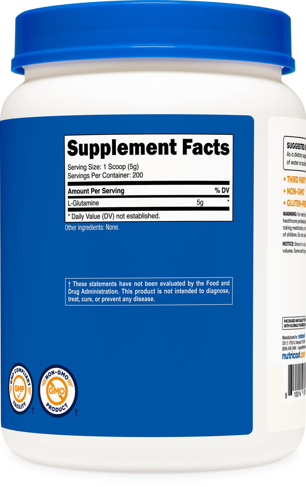 Nutricost L-Glutamine powder label indicating gluten-free and vegan-friendly ingredients.