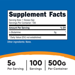 Measuring scoop beside Nutricost L-Glutamine powder for convenient serving