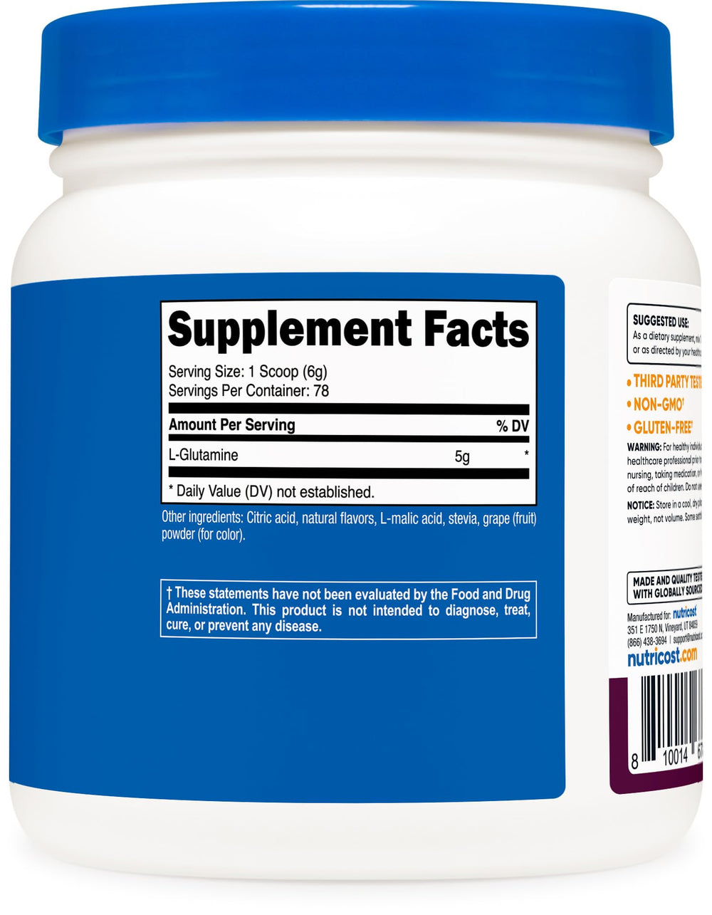 Nutricost L-Glutamine powder prepared shake with blackberry lemonade flavor