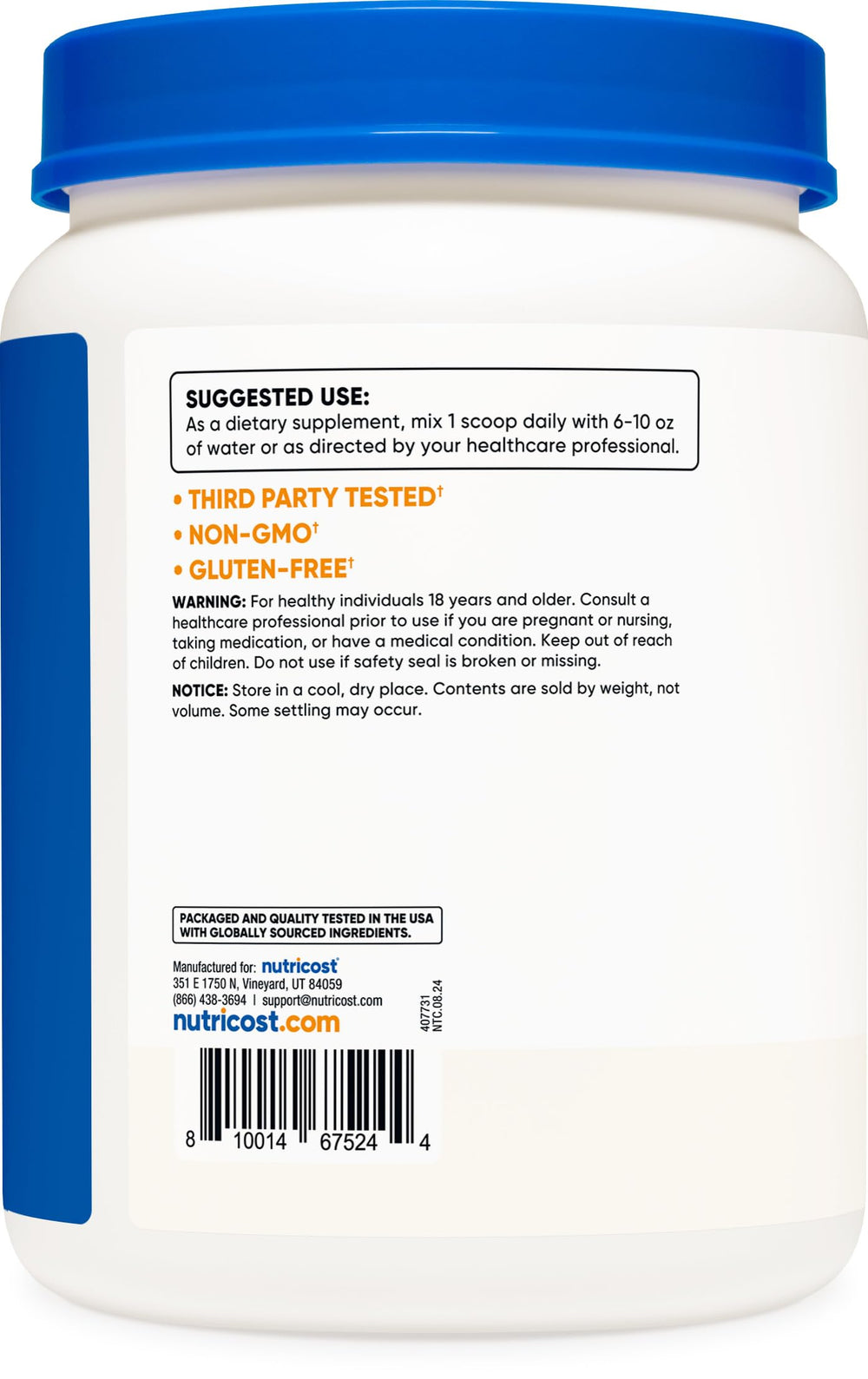 Nutricost L-Glutamine powder texture close-up reveals fine, powdery consistency.
