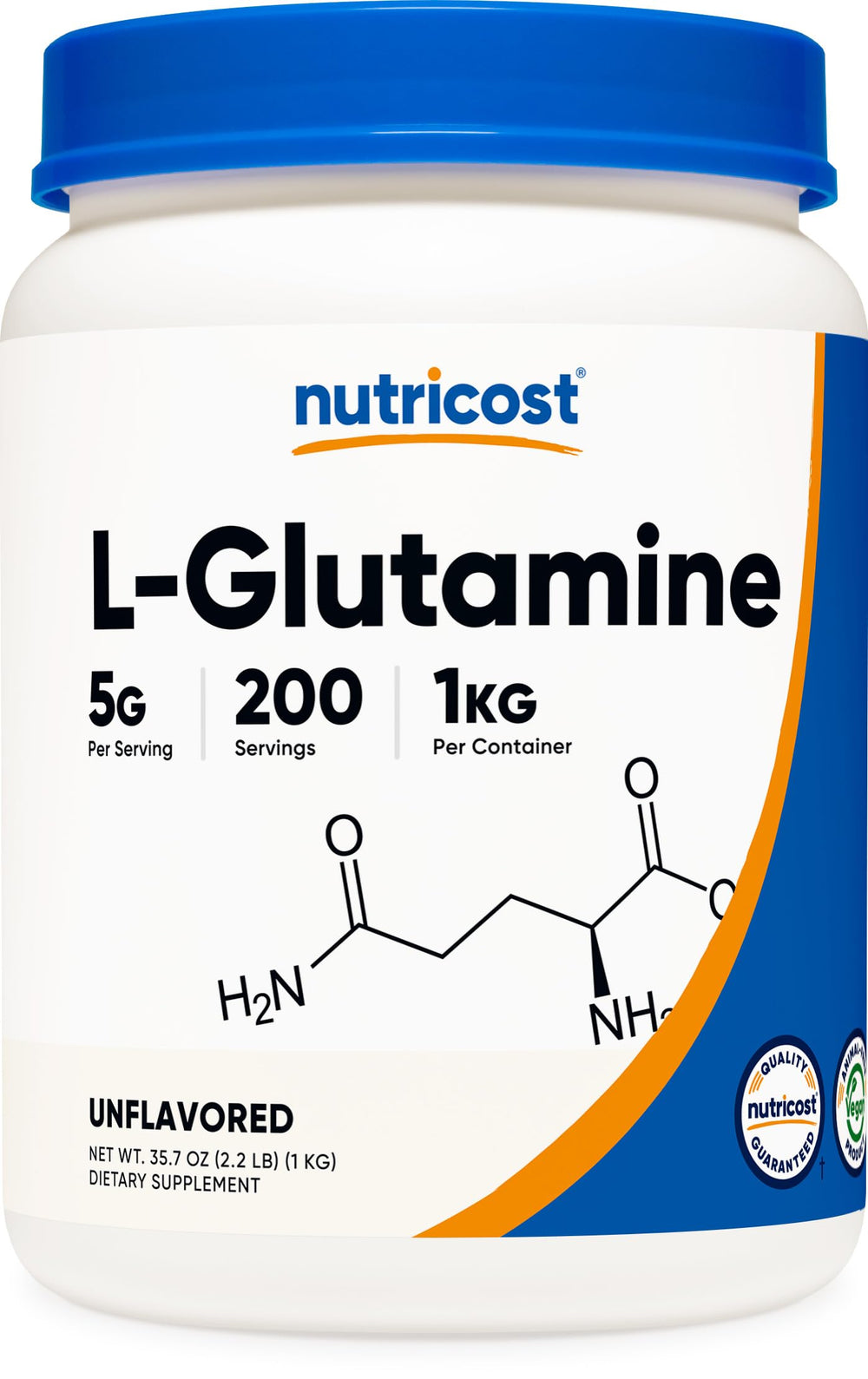 Nutricost L-Glutamine powder bottle shows unflavored formula for versatile use.