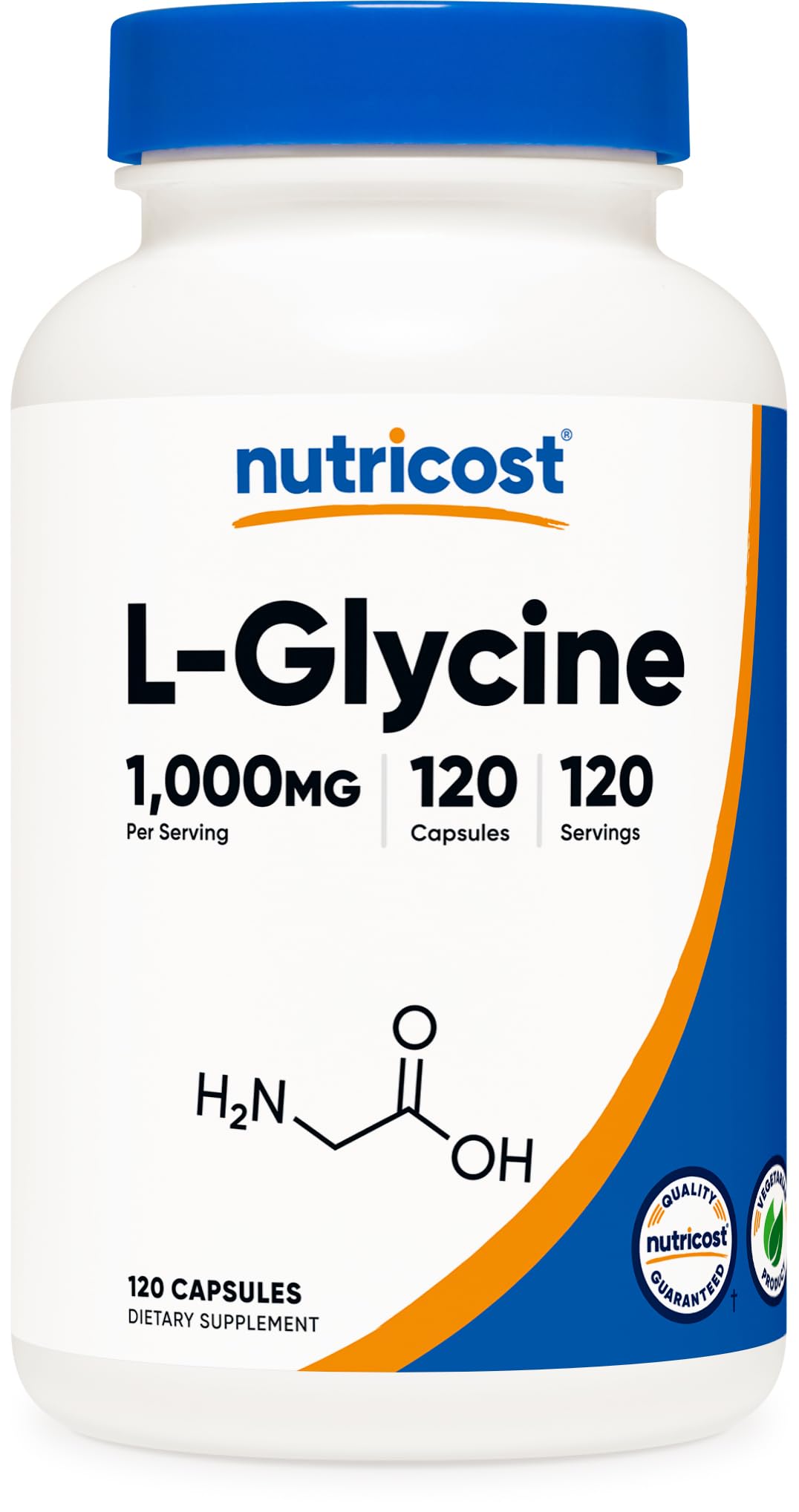 Nutricost L-Glycine 1000mg capsules in a bottle for daily dietary support.