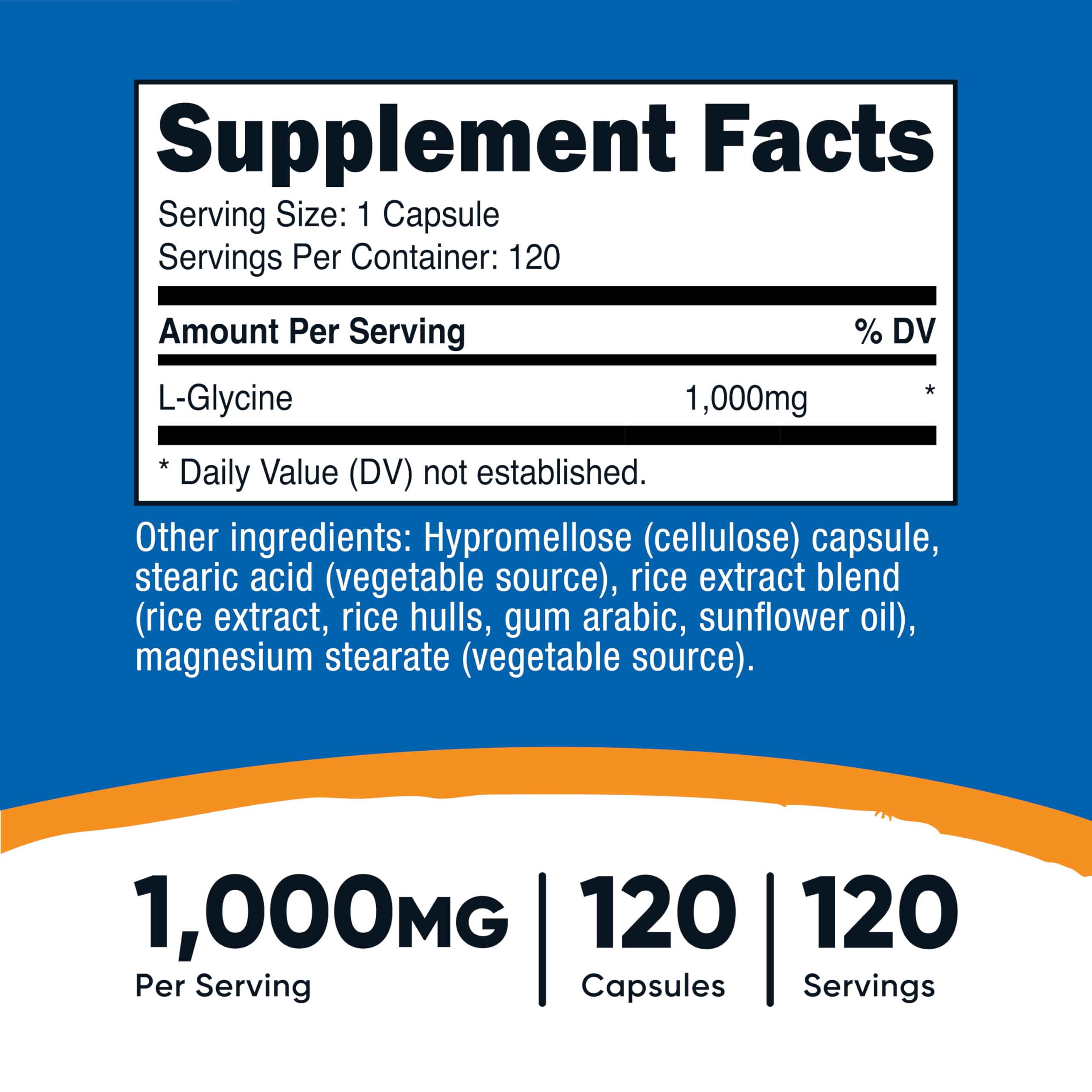 Close-up of Nutricost L-Glycine bottle label showing 1000mg per capsule.