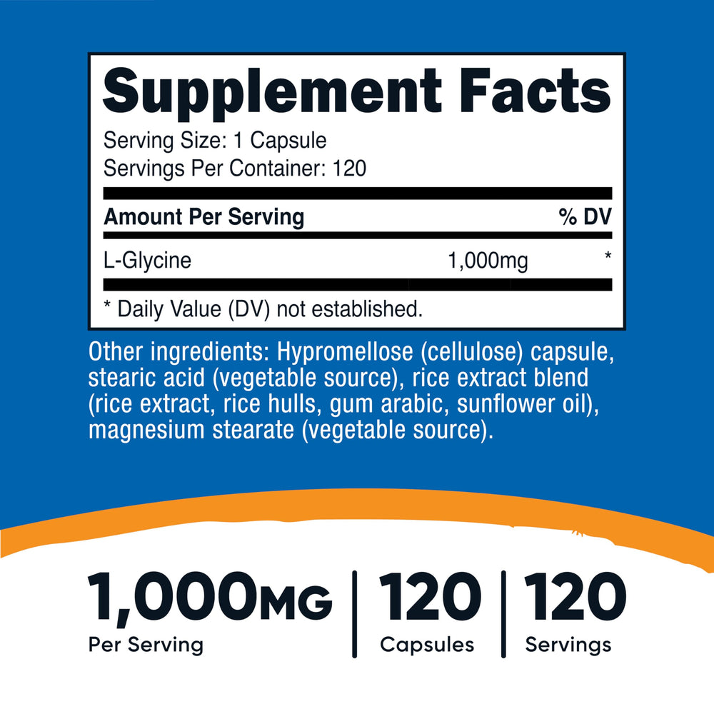 Close-up of Nutricost L-Glycine bottle label showing 1000mg per capsule.