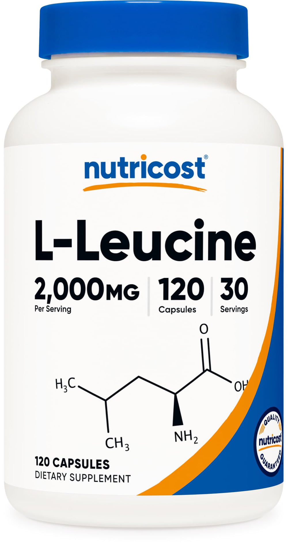 Nutricost L-Leucine 2000mg bottle shows high-potency formula for daily supplementation.