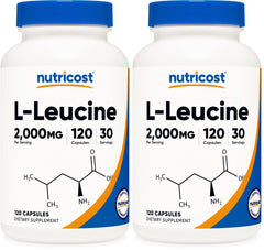 Nutricost L-Leucine bottle front showing high potency per serving