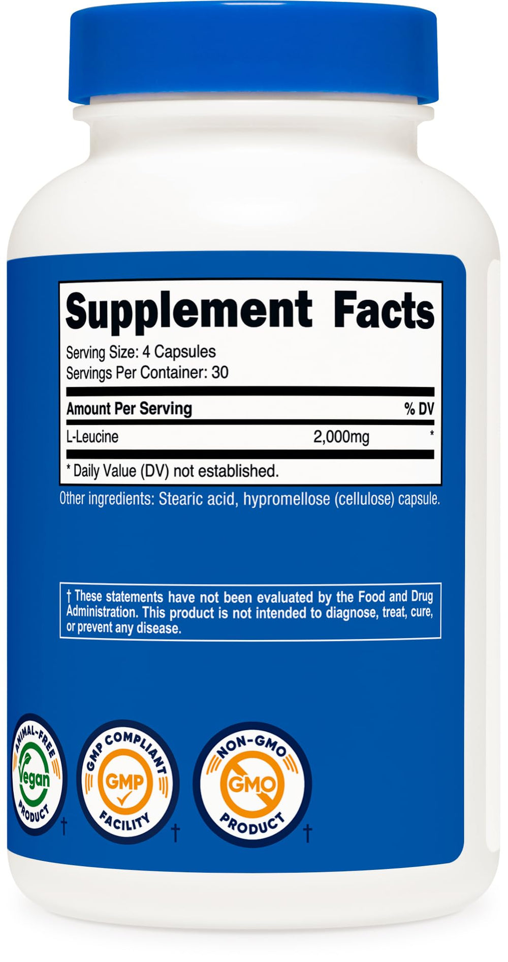 Nutricost L-Leucine serving counter demonstrates 30 servings per bottle.