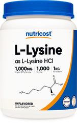 Nutricost L-Lysine powder bottle shows pure supplement for daily wellness.