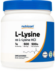 Nutricost L-Lysine powder bottle for daily essential amino acid intake
