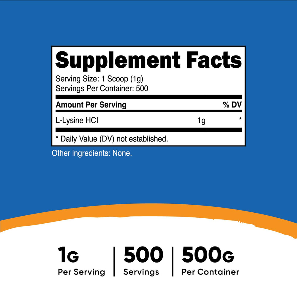 Nutricost L-Lysine powder scoop showing convenient daily dosage