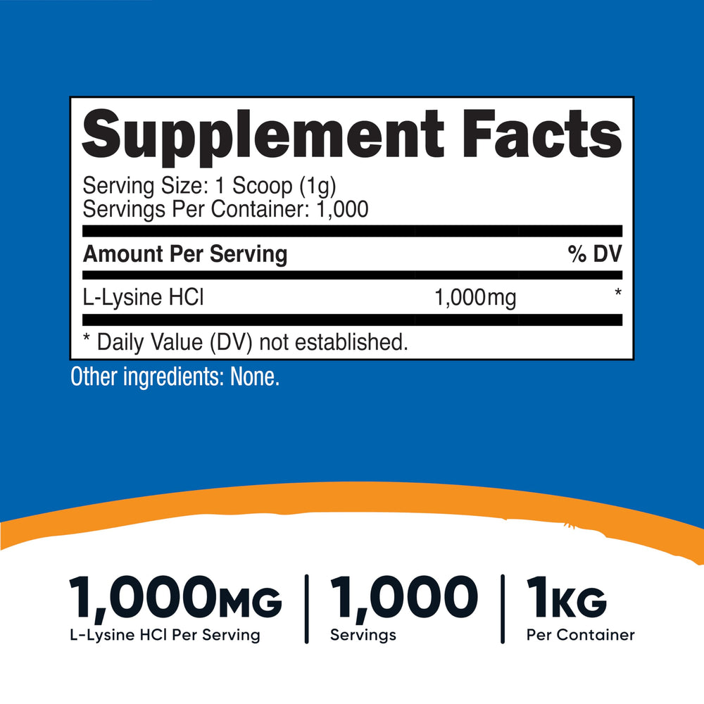 Nutricost L-Lysine powder scoop highlights convenient serving size.