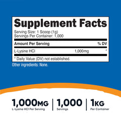 Nutricost L-Lysine powder scoop highlights convenient serving size.