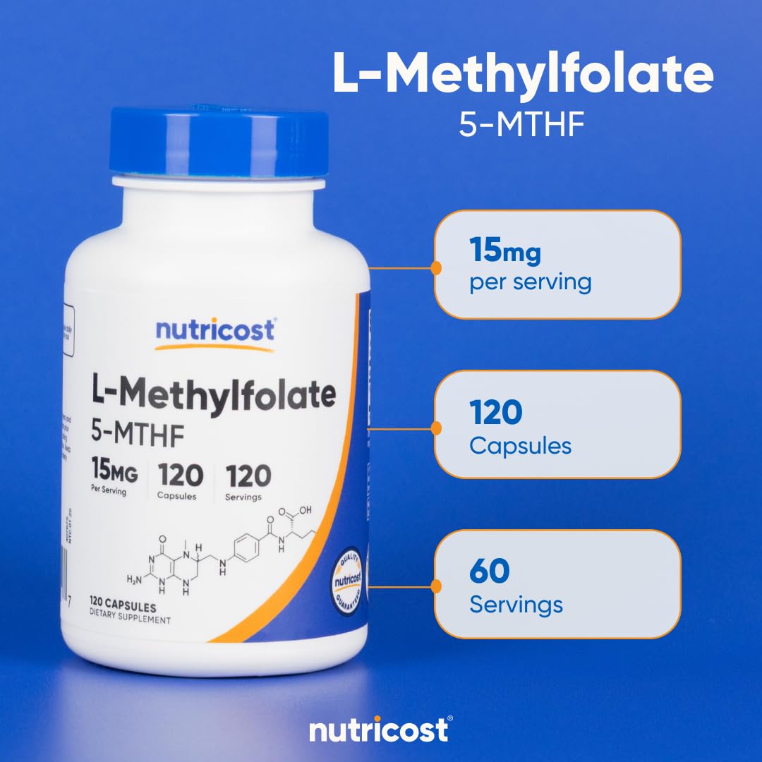 Nutricost L-Methylfolate bottle on desk in a calm wellness setup.