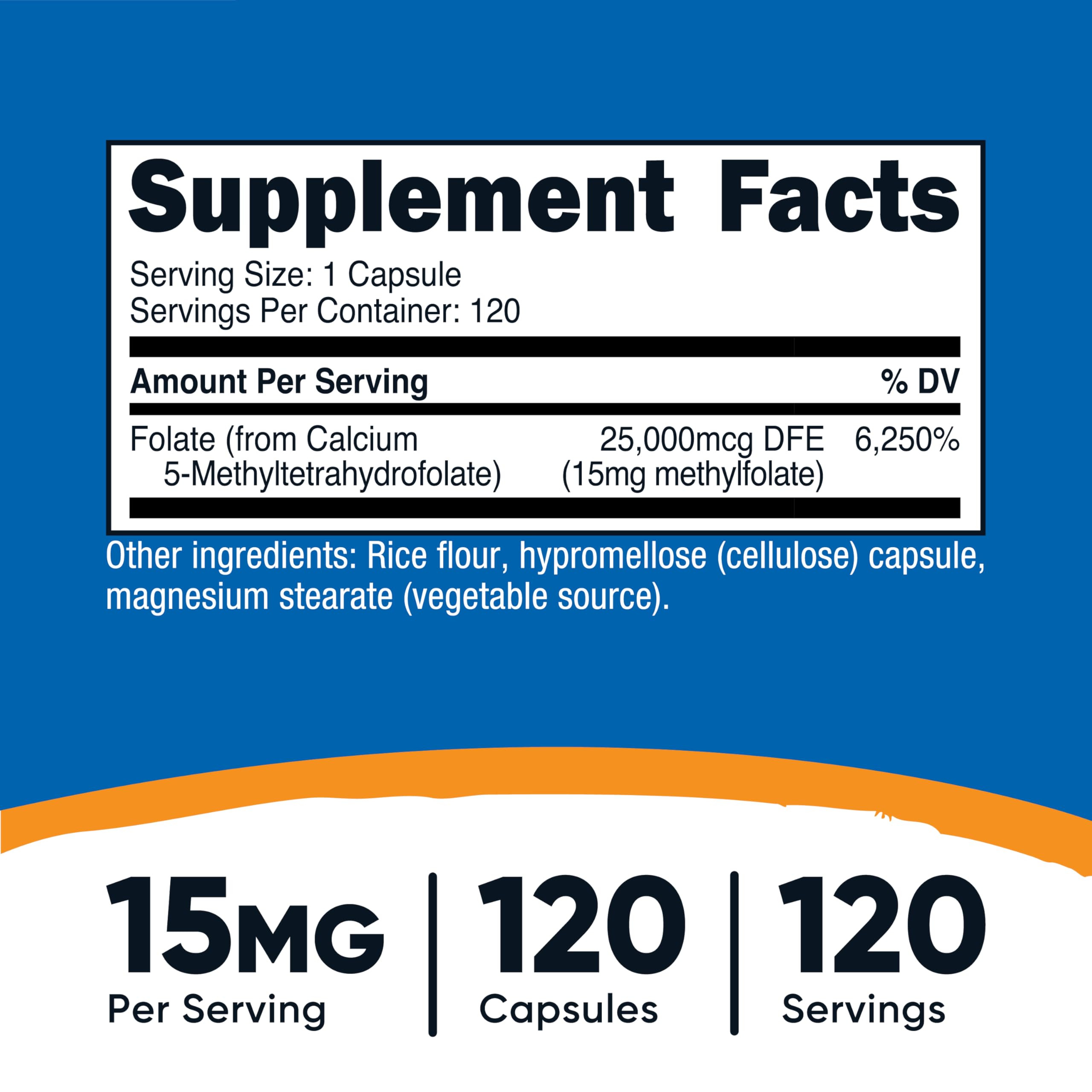 Close-up of Nutricost L-Methylfolate 15mg capsules, vegan and gluten-free.