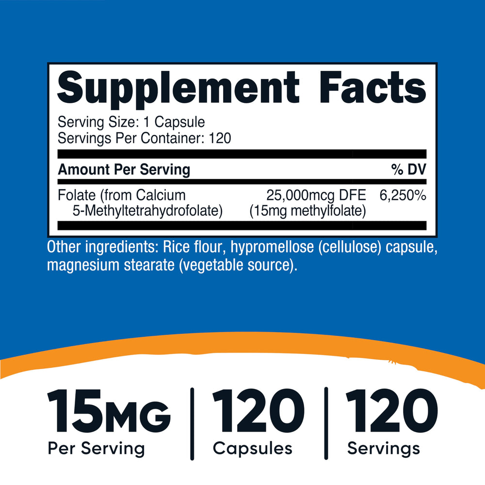 Close-up of Nutricost L-Methylfolate 15mg capsules, vegan and gluten-free.