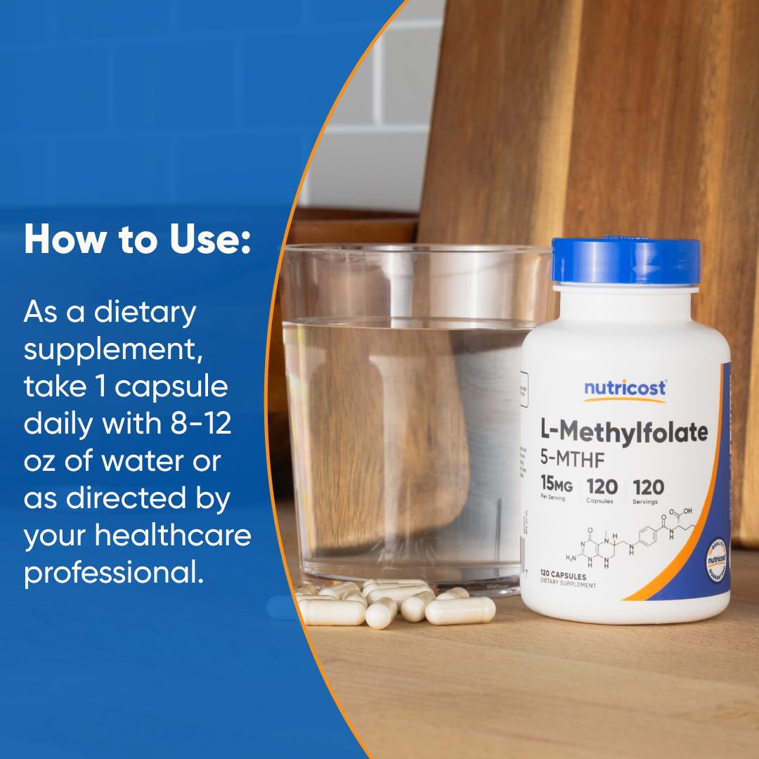 Nutricost L-Methylfolate dosage suggestion visual.