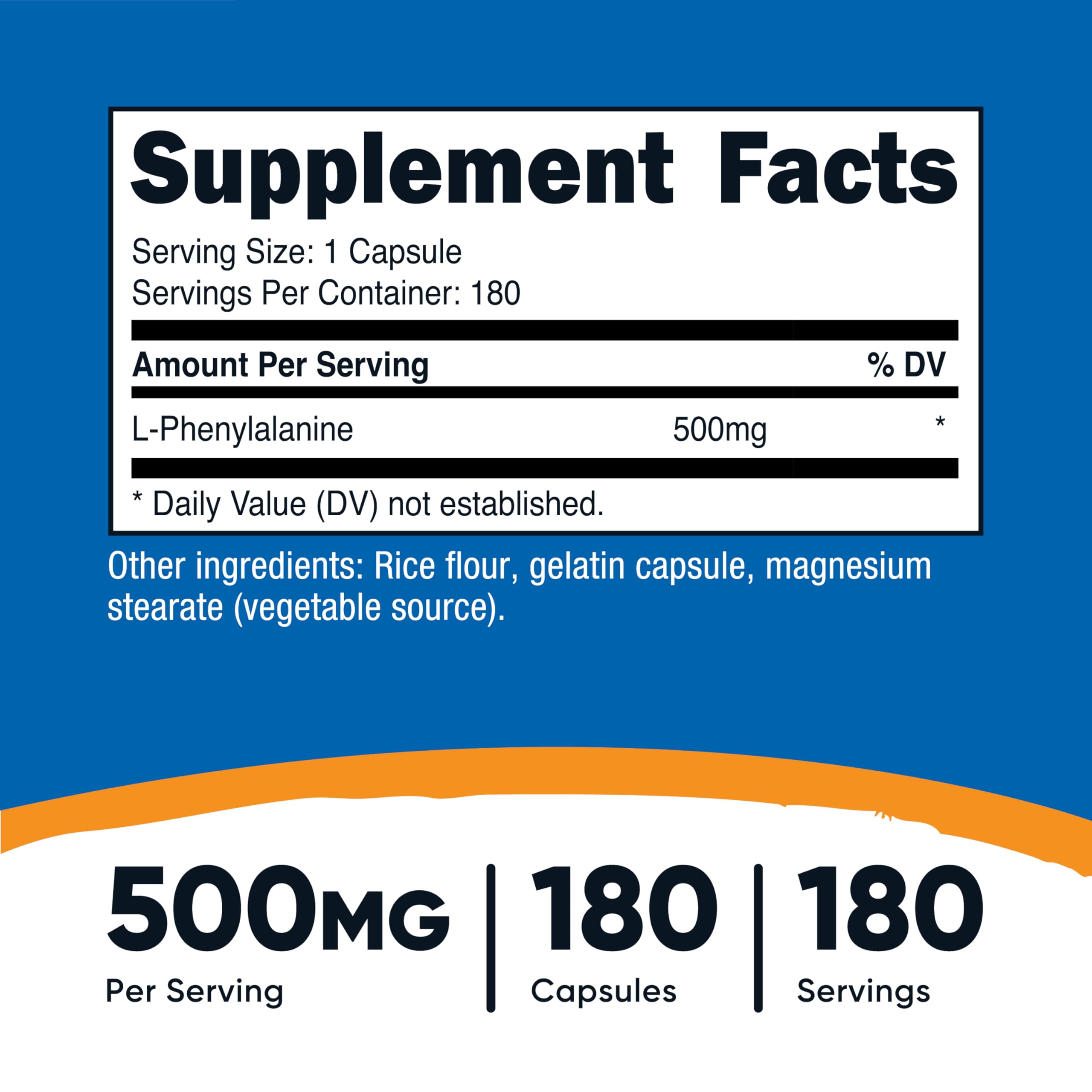 Nutricost L-Phenylalanine bottle front with 180-capsule supply for long-lasting use.