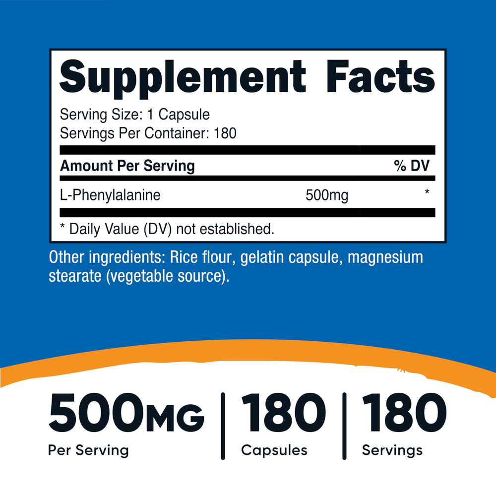Nutricost L-Phenylalanine bottle front with 180-capsule supply for long-lasting use.