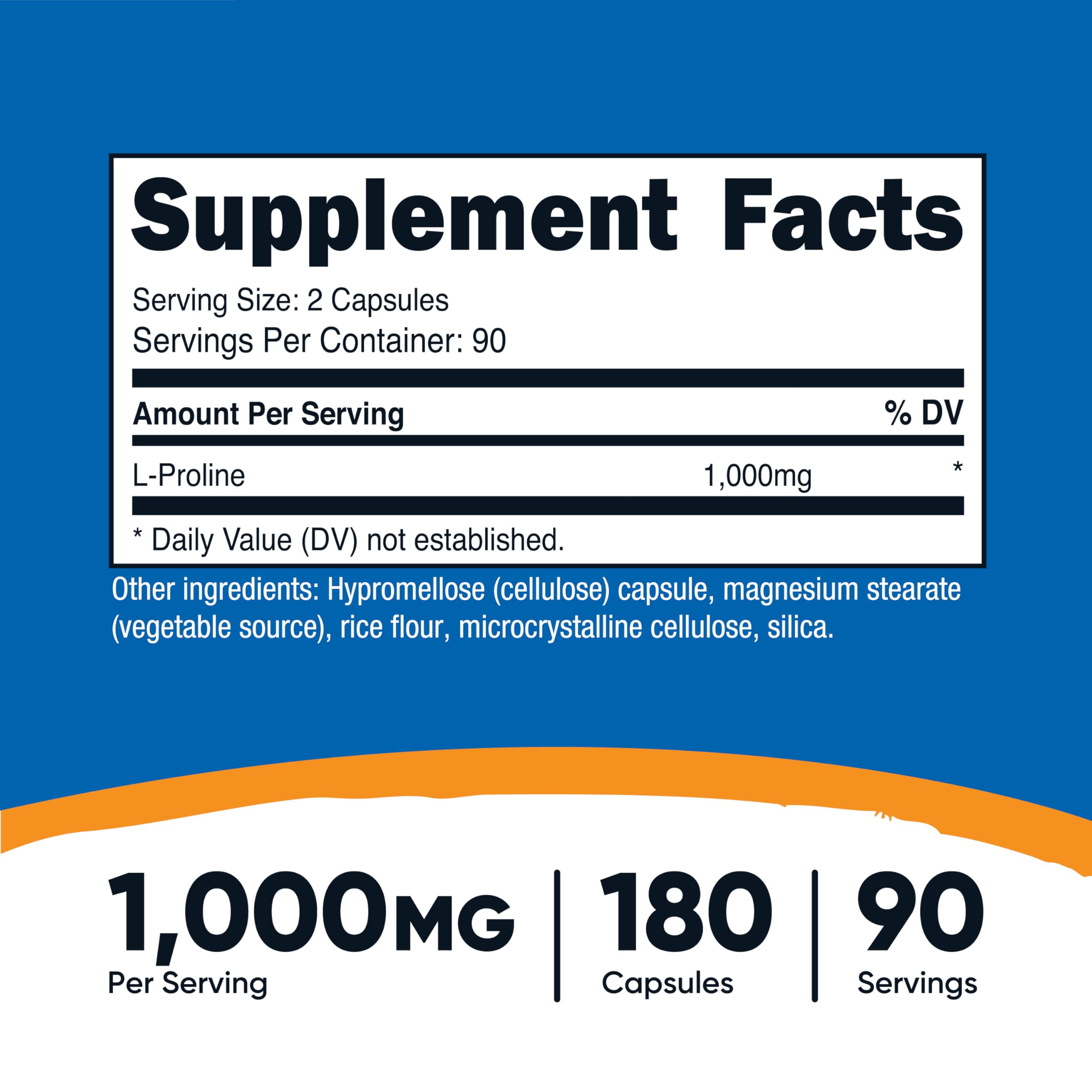 Closeup of Nutricost L-Proline capsules for easy swallowing.