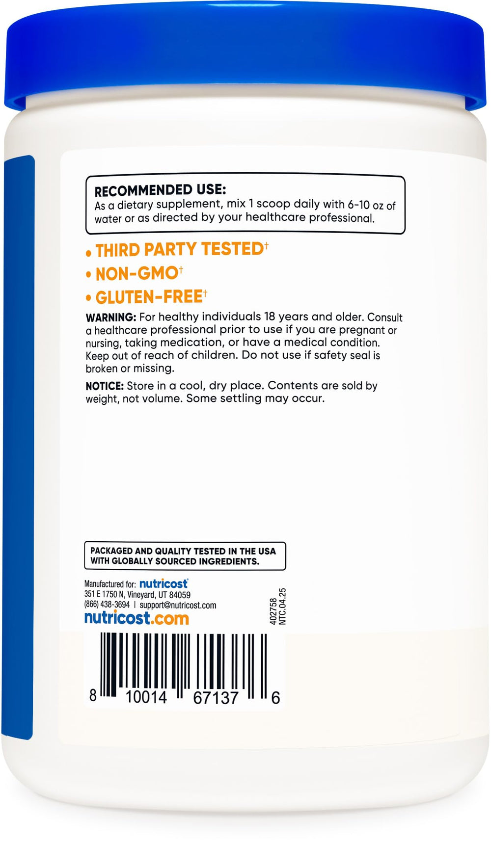 Nutricost L-Proline powder in glass jar with smooth texture