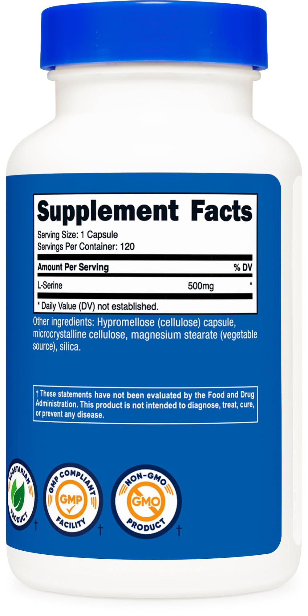 Nutricost L-Serine packaging displaying 120 servings per bottle
