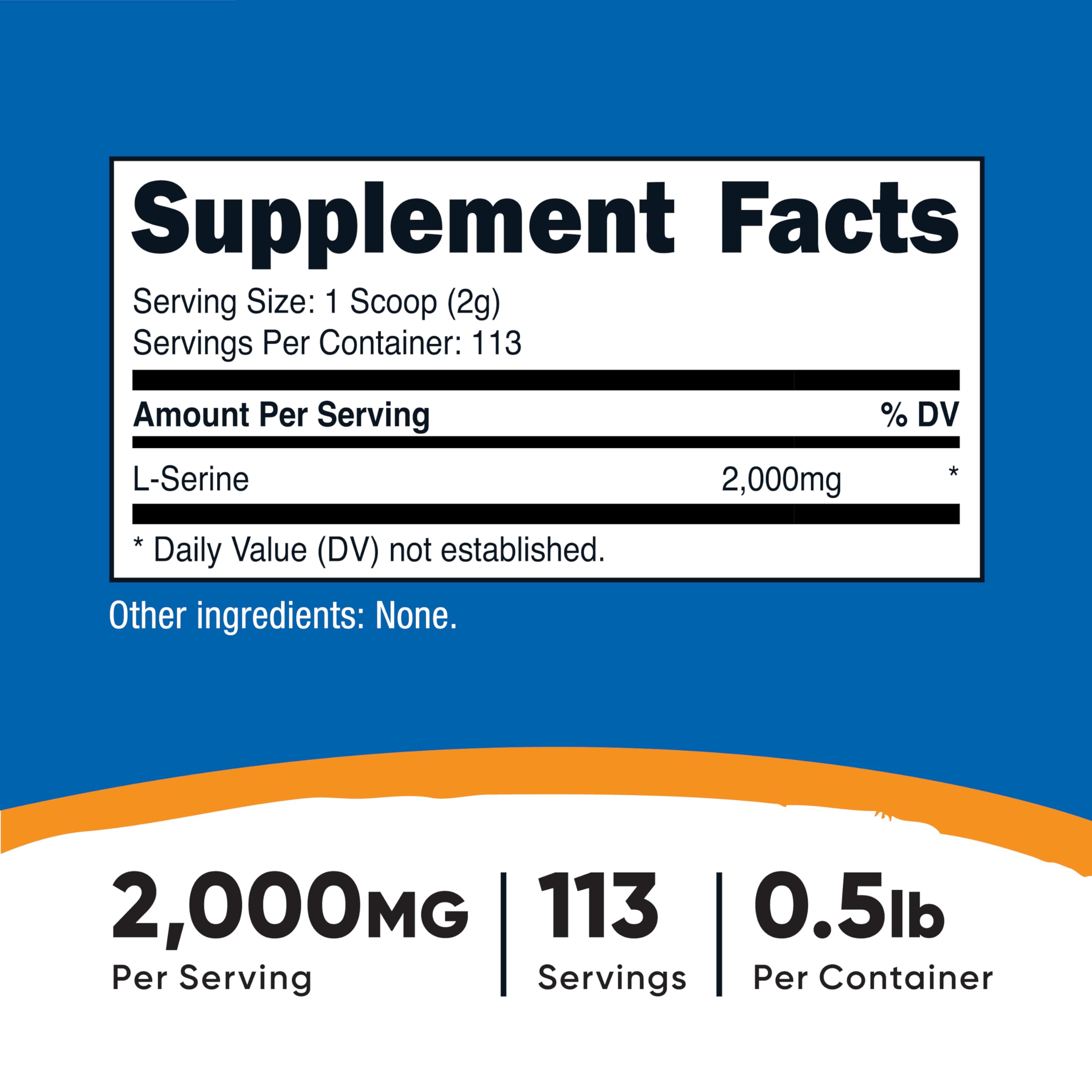 Nutricost L-Serine serving scoop beside powder demonstrates convenient 2,000 mg per serving