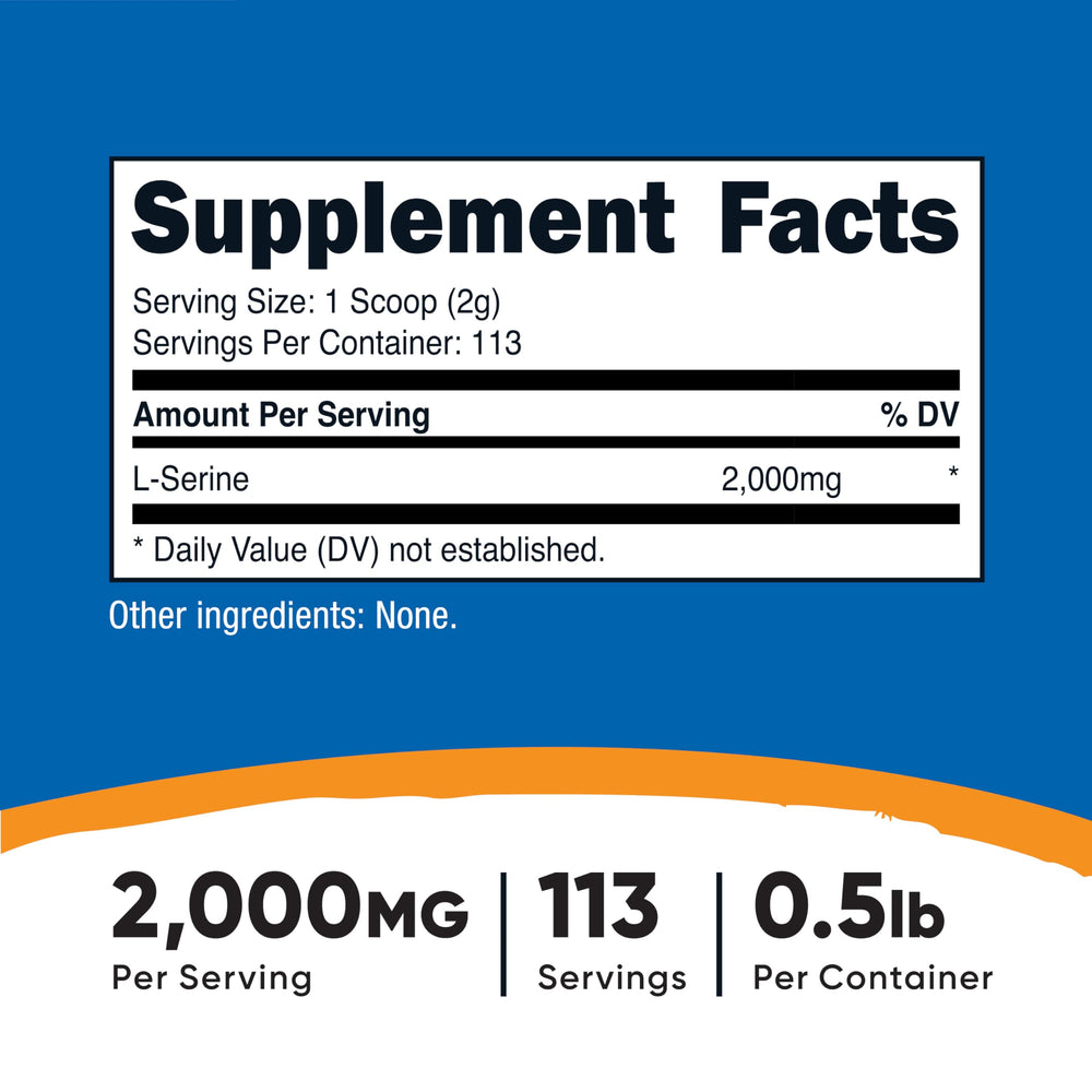 Nutricost L-Serine serving scoop beside powder demonstrates convenient 2,000 mg per serving