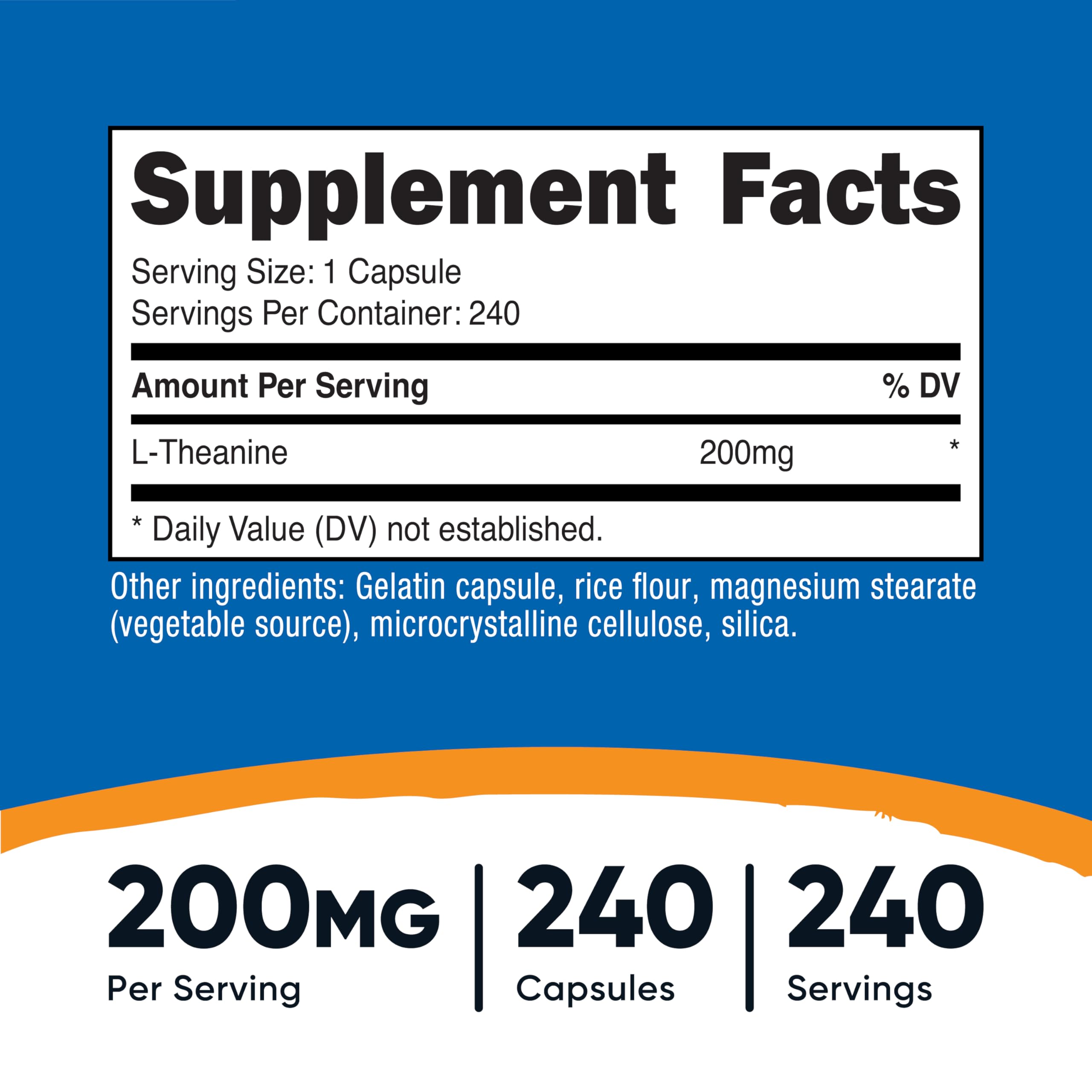Nutricost L-Theanine 200mg capsules closeup supports daily focus and routine.