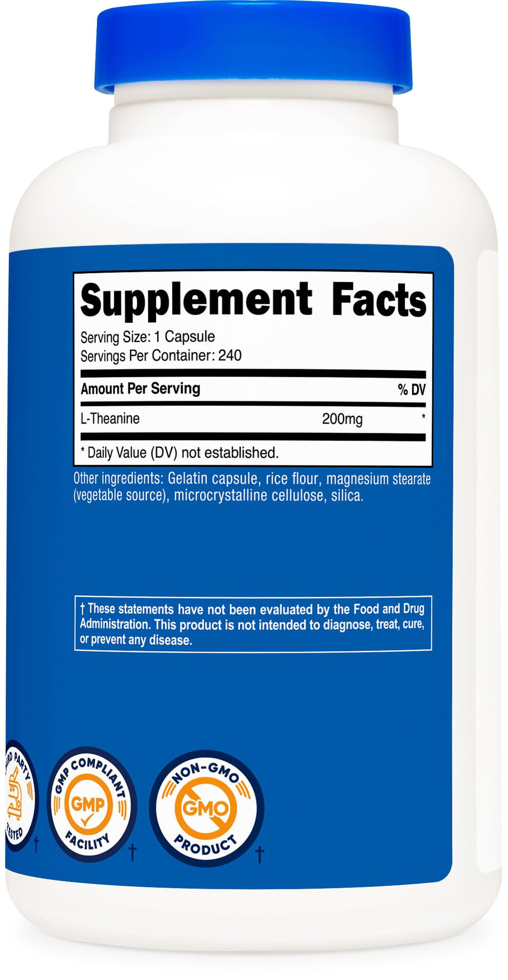 Nutricost L-Theanine 200mg label detail shows dosage information.