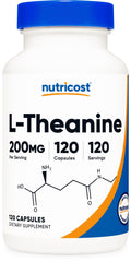 Nutricost L-Theanine bottle front view showing 200 mg per serving