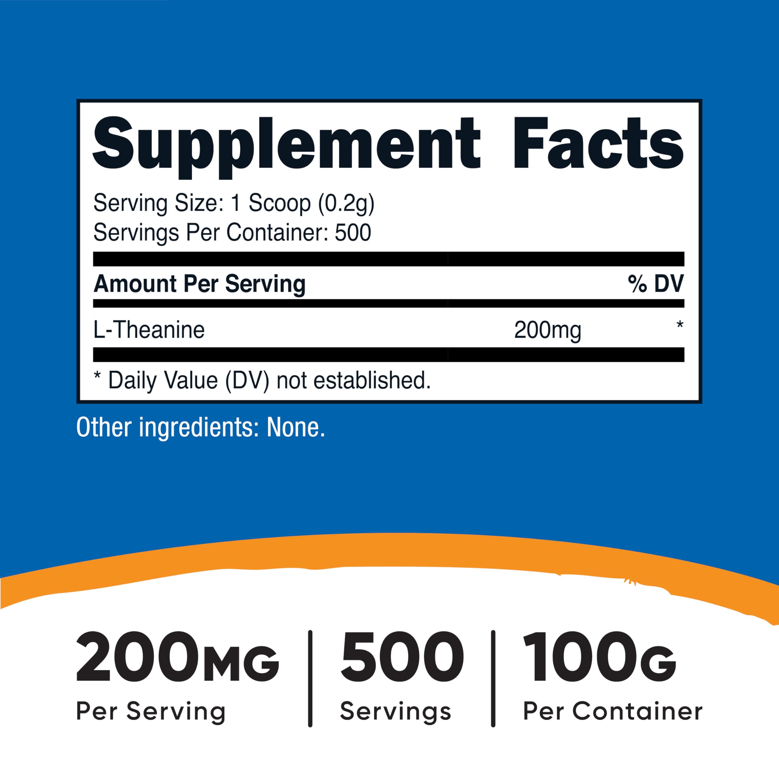 Close-up of Nutricost L-Theanine label showing 200 mg per serving