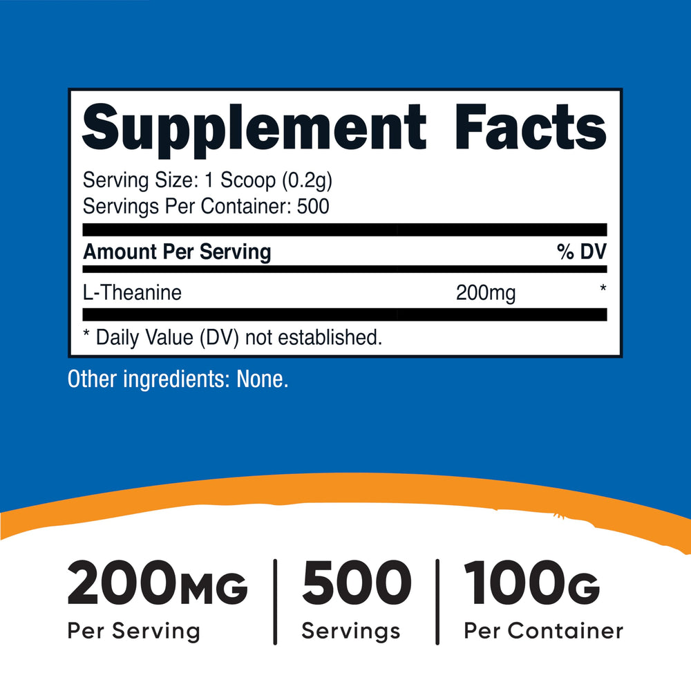 Close-up of Nutricost L-Theanine label showing 200 mg per serving