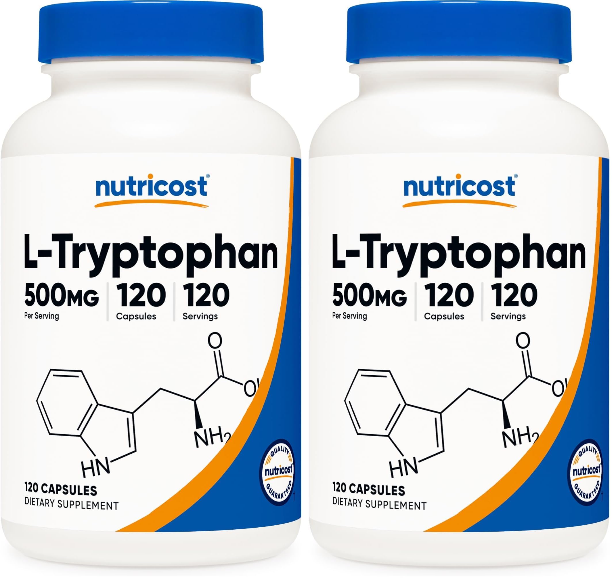 Nutricost L-Tryptophan 500mg bottle front view for daily wellness.
