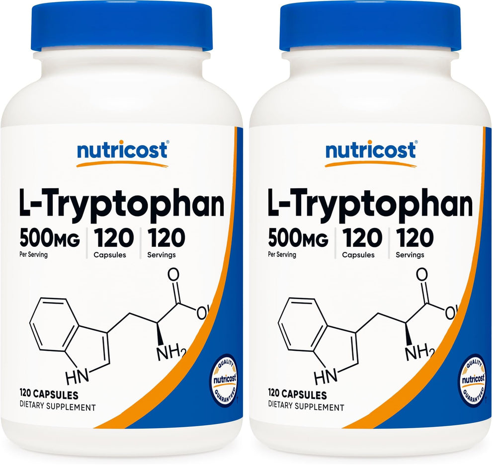 Nutricost L-Tryptophan 500mg bottle front view for daily wellness.