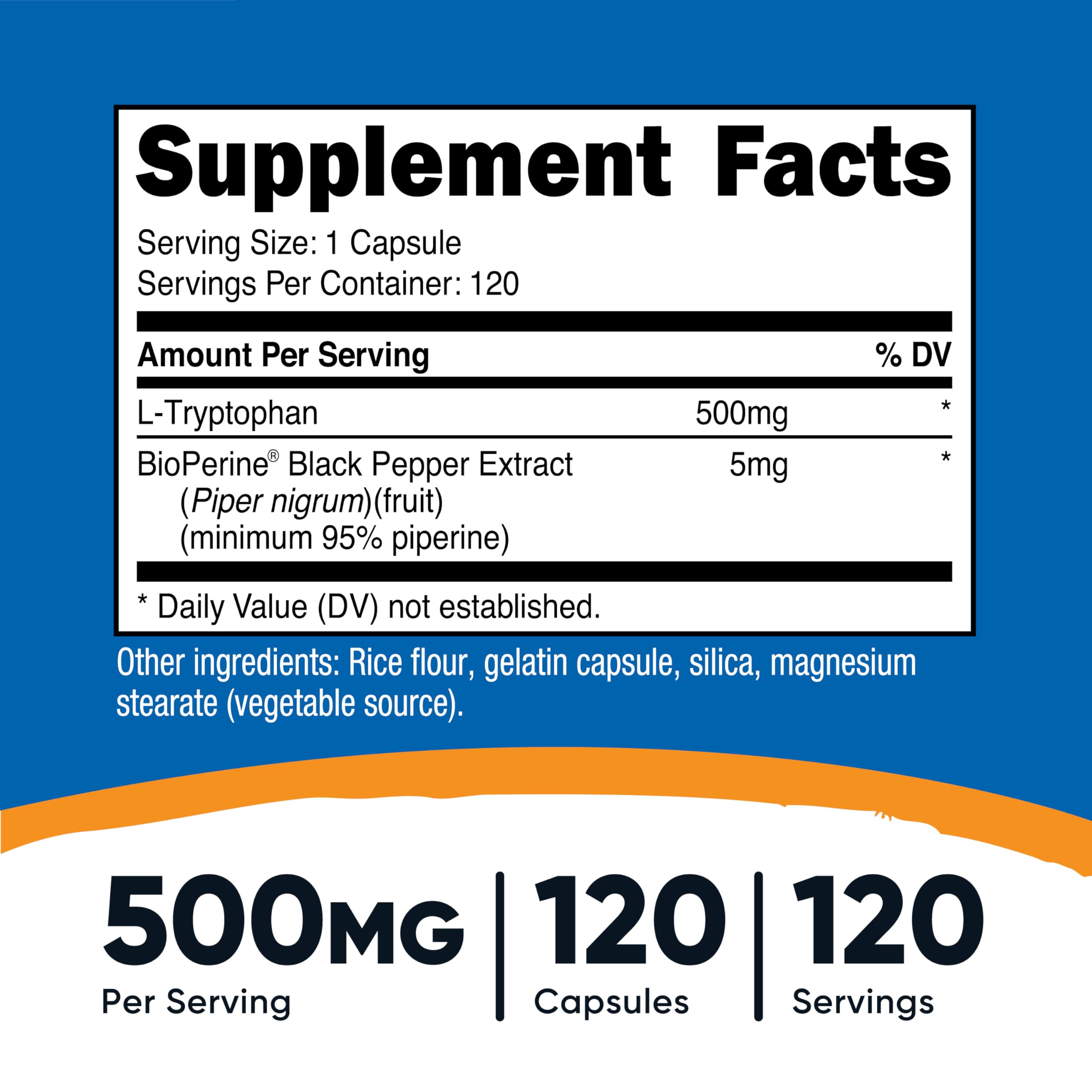 Nutricost L-Tryptophan 500mg bottle label shows gluten-free and non-GMO marks.