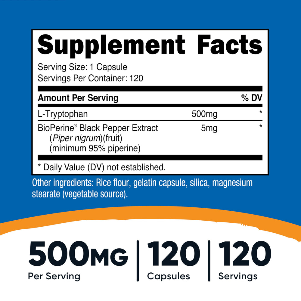 Nutricost L-Tryptophan 500mg bottle label shows gluten-free and non-GMO marks.