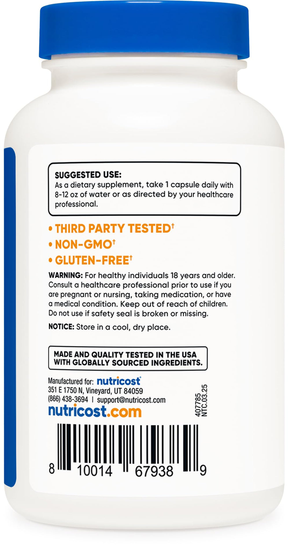 Nutricost L-Tryptophan 500mg bottle pour captures convenient serving.