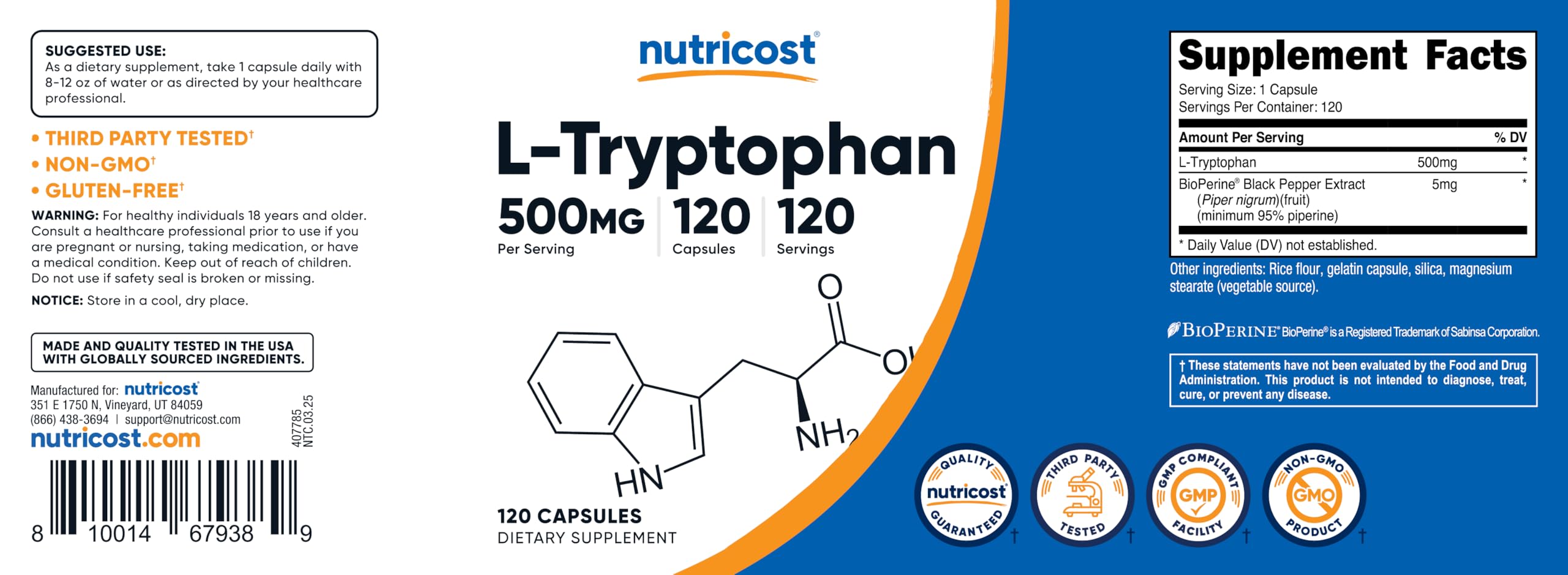 Nutricost L-Tryptophan 500mg gluten-free and non-GMO seal.