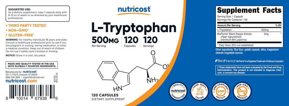 Nutricost L-Tryptophan 500mg gluten-free and non-GMO seal.