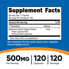 Nutricost L-Tryptophan 500mg label close-up showing ingredients.