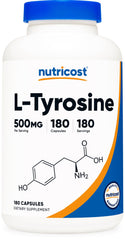 Nutricost L-Tyrosine 500mg bottle for daily focus support on the go.