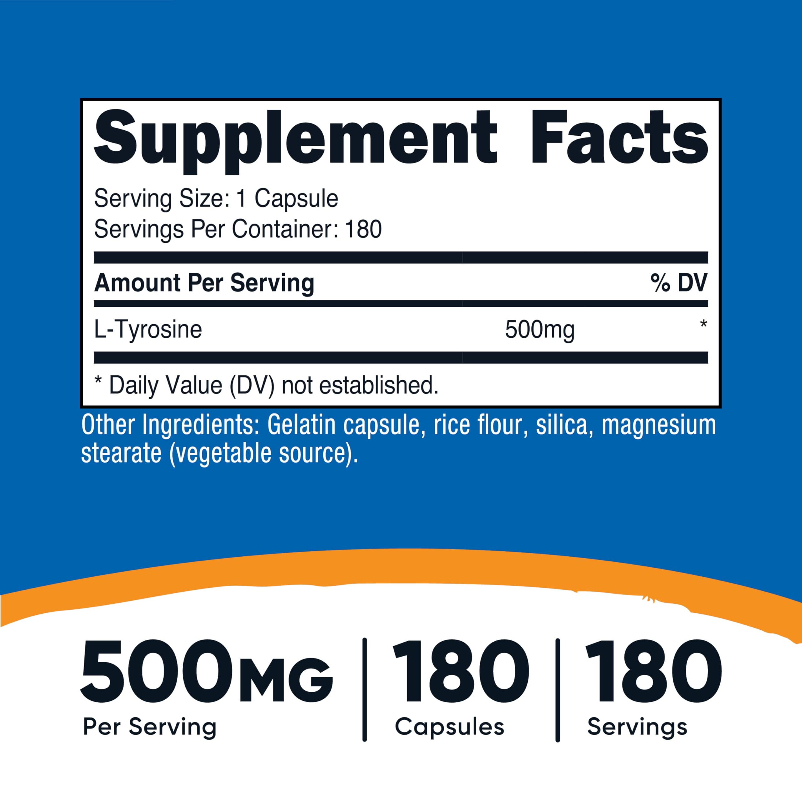 Nutricost L-Tyrosine label close-up showing ingredients and dosage.
