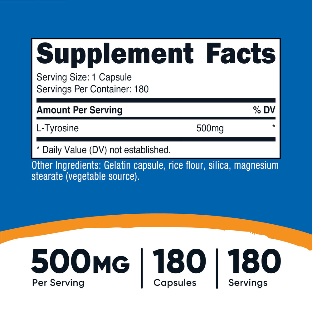 Nutricost L-Tyrosine label close-up showing ingredients and dosage.