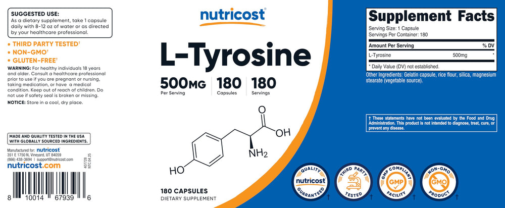 Nutricost L-Tyrosine bottle on kitchen counter for daily routine.