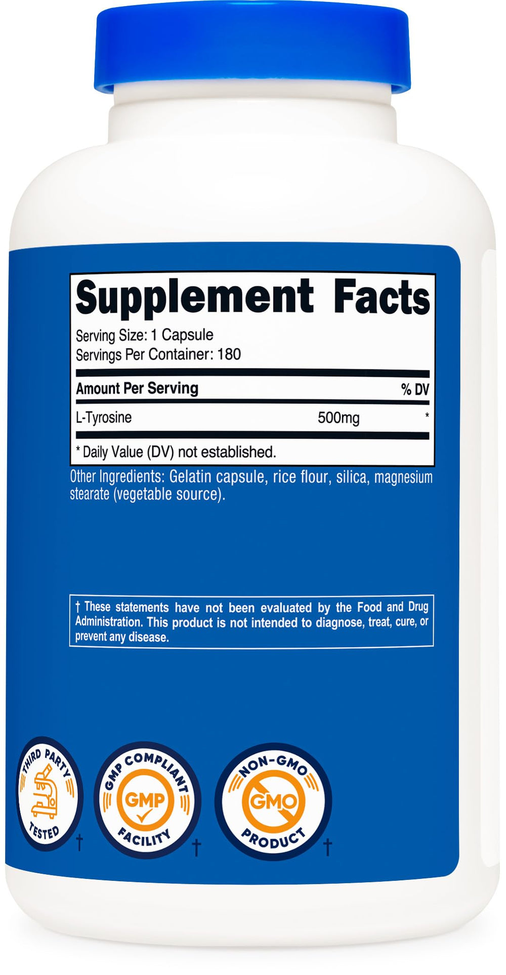Nutricost L-Tyrosine bottle spill demonstrates easy refilling.