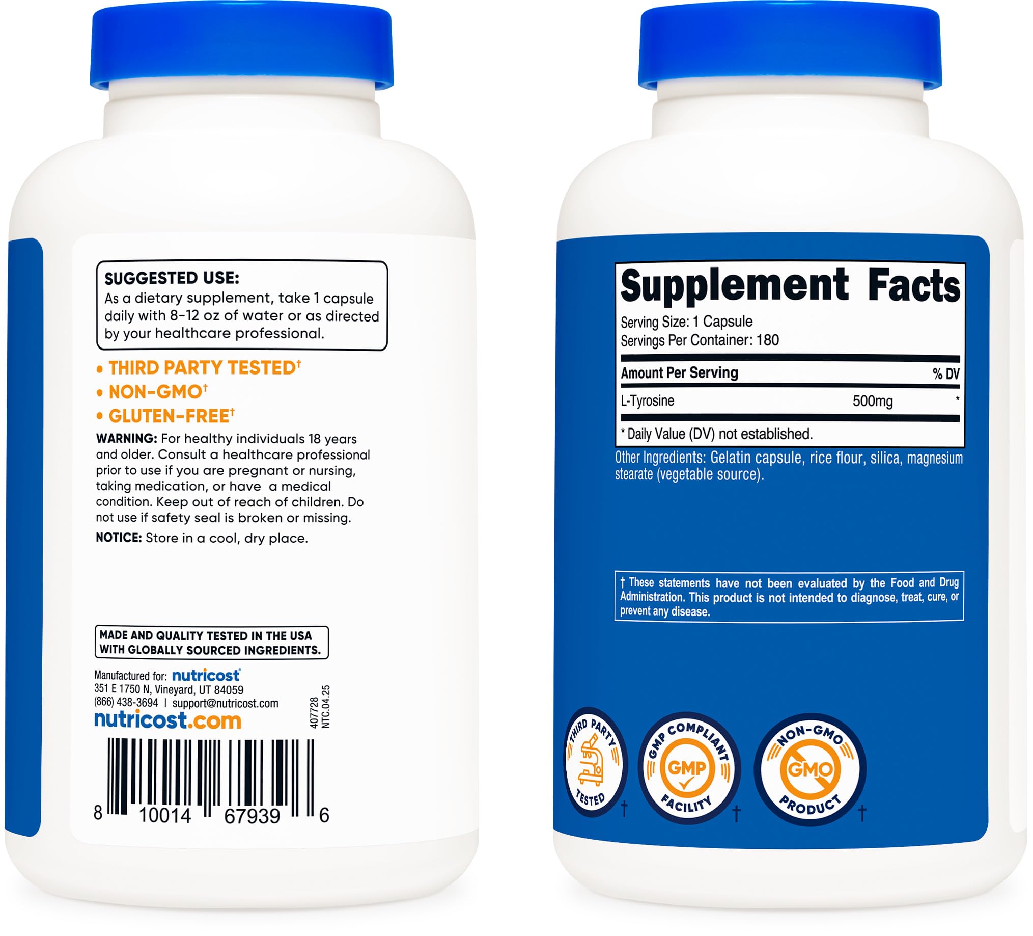 Nutricost L-Tyrosine ingredient panel highlights gluten-free and non-GMO traits.